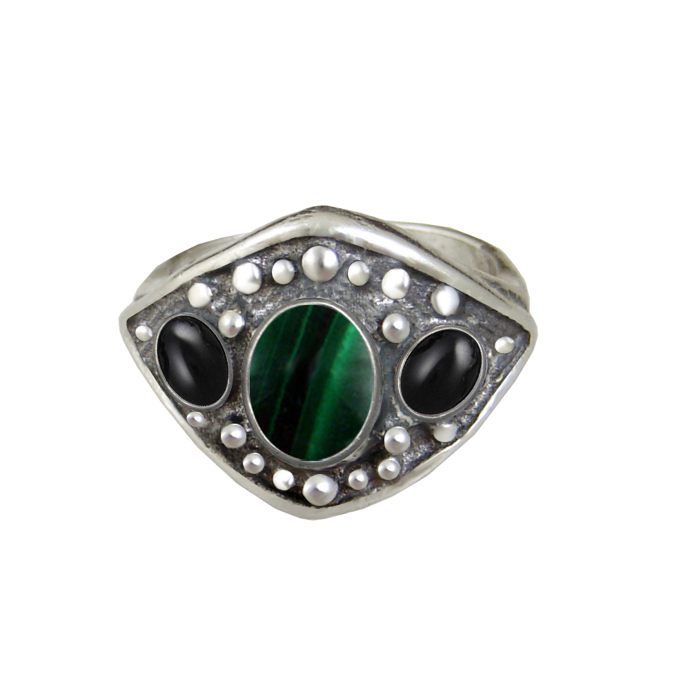 Sterling Silver Medieval Lady's Ring with Malachite And Black Onyx Size 8